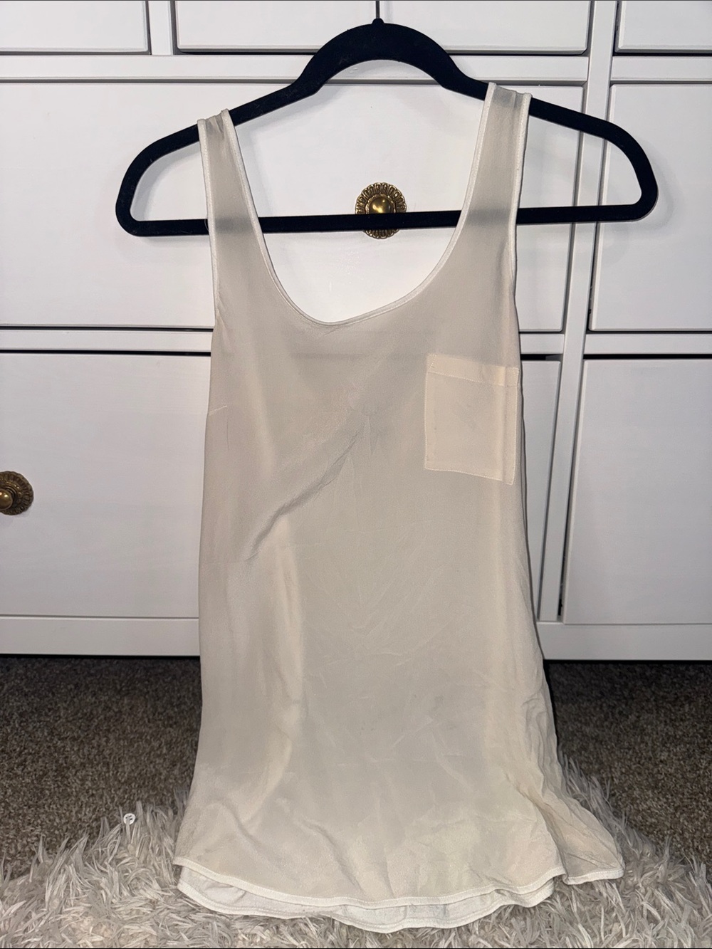 Club Monaco Oversized 100% Silk Front, Cream Scoop Neck Tank with Chest Pocket